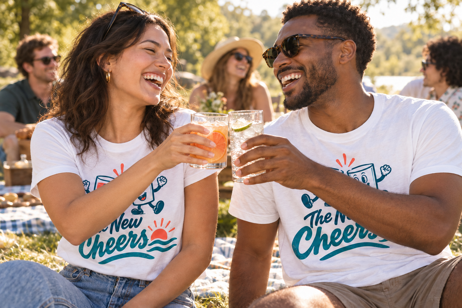 Two adult friends in The New Cheers T-shirts laughing and clinking their sparkling drinks together at an outdoor picnic