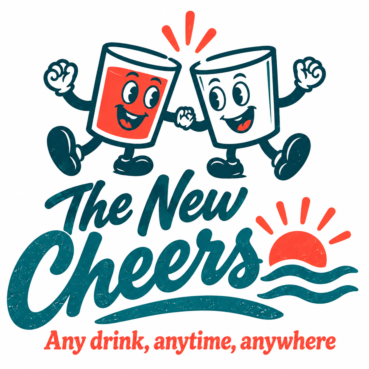 Clink and Clonk, The New Cheers glass characters, with vintage teal lettering and a coral seaside sunset